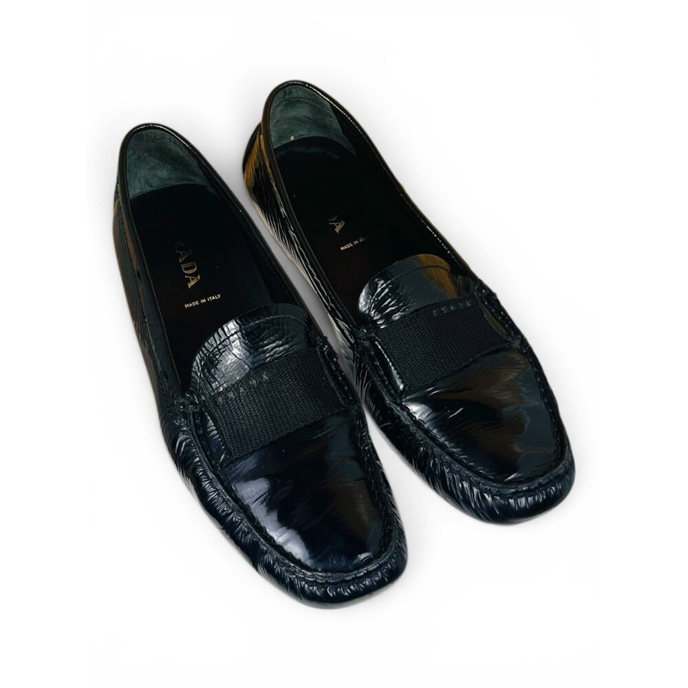 Prada Black Naplak Patent Leather Driving Loafers Logo Tab EU 38.5 - Picture 9 of 9